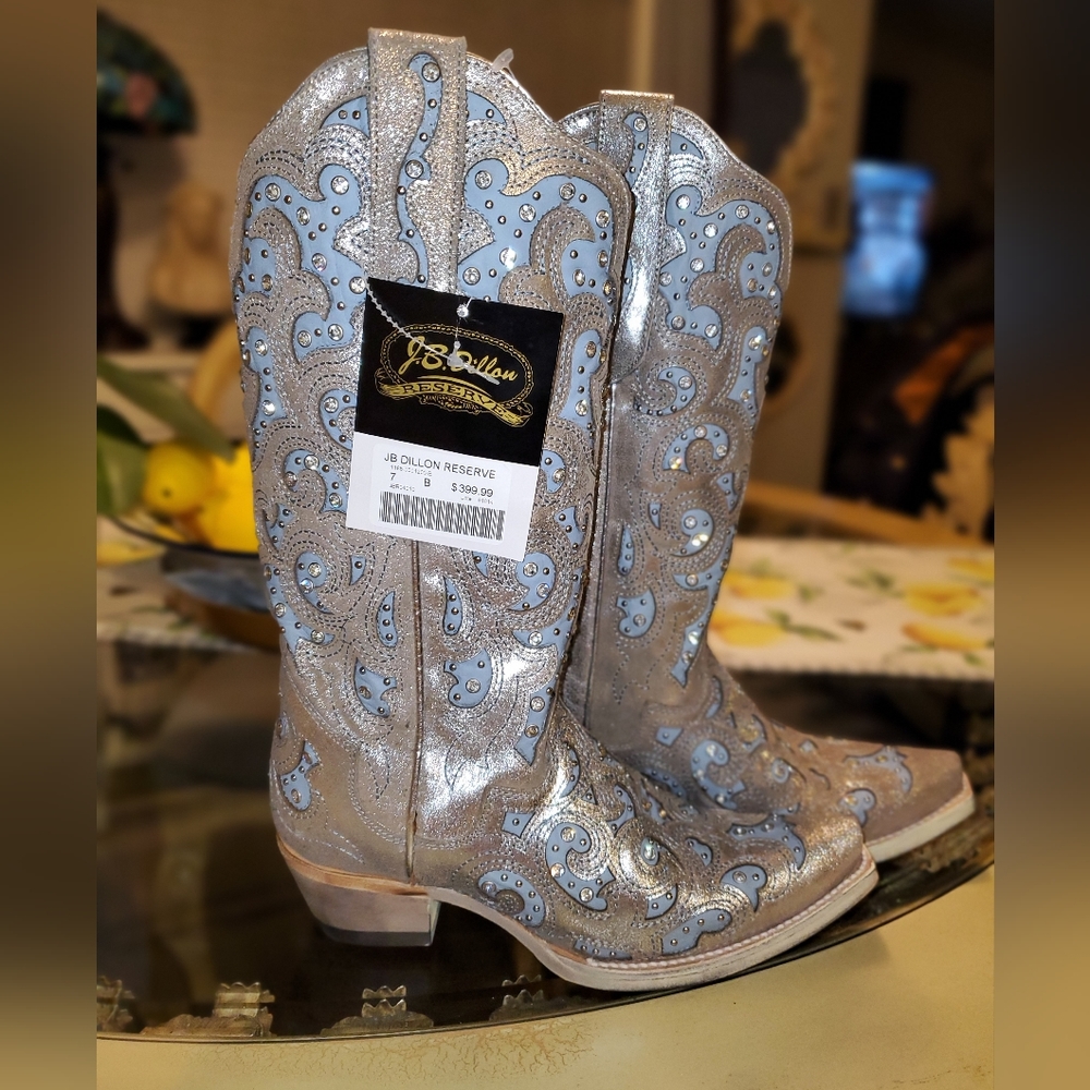 JBDillon leather boots, new, w/ tag, women's size 7, blue & silver with bling